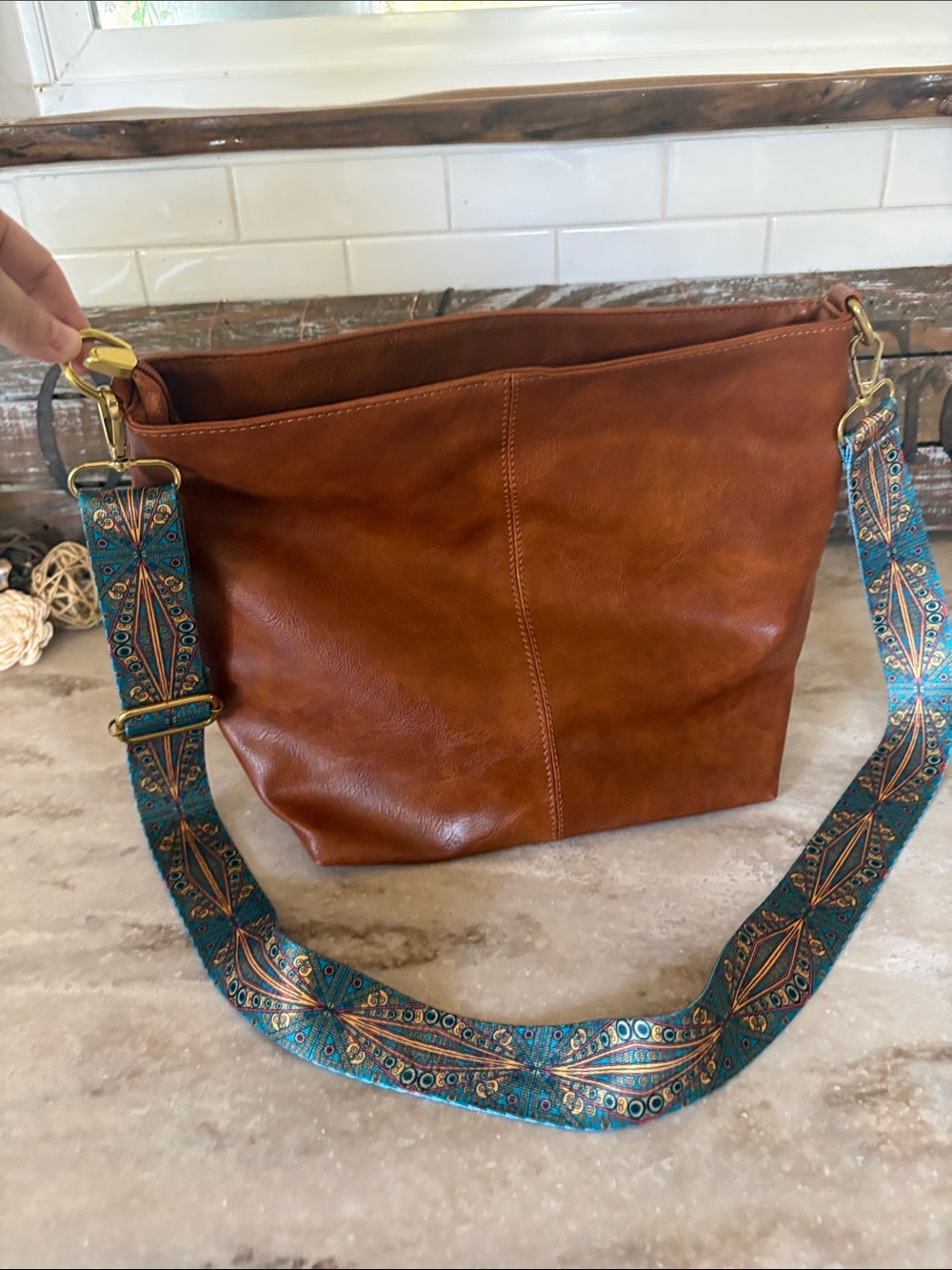 Brown Faux Leather Bucket/Messenger Bag with Patterned Strap